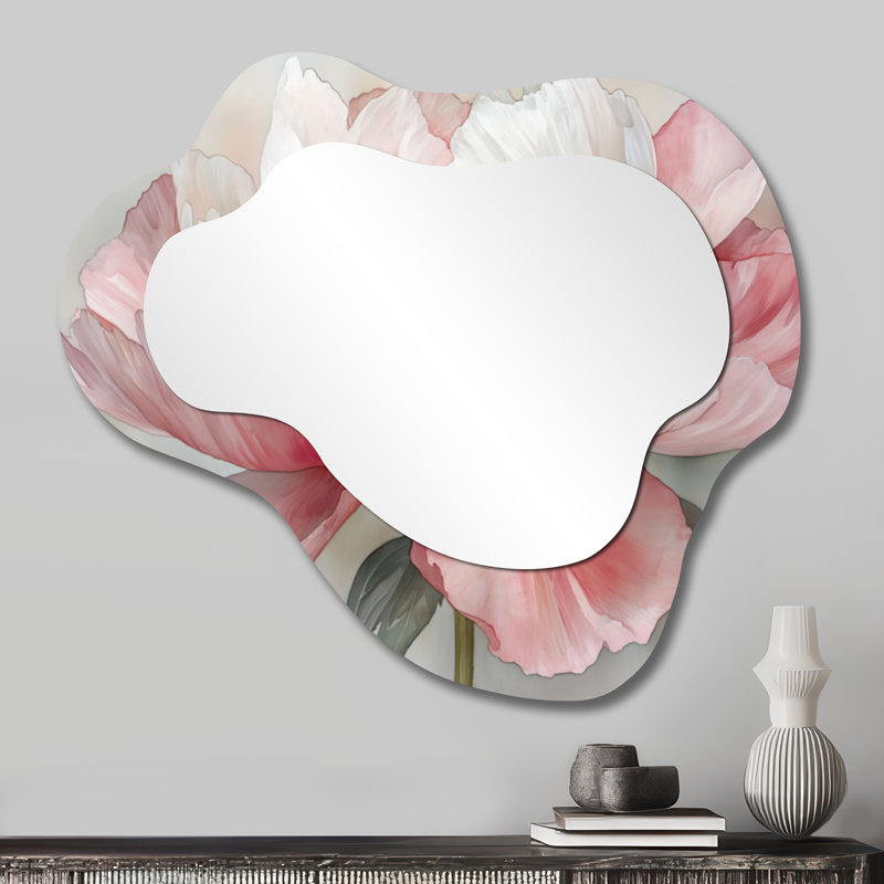 Soft Blush Peony Symphony - miroir décoratif asymétrique coquelicots, miroir mural irrégulier traditionnel, imprimé sur métal