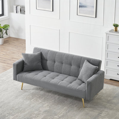 Quiniya 71.26" Modern Teddy Velvet Sofa Bed Folding Couch with Two Throw Pillows for Living Room