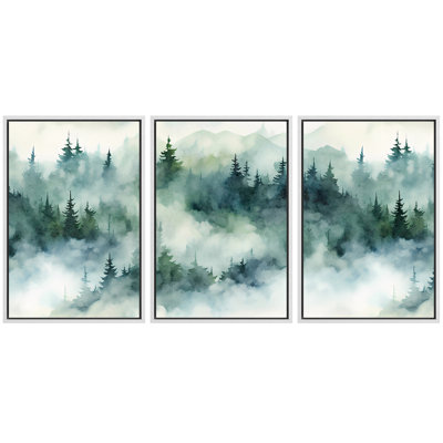 «Misty Evergreen Forest Landscape in Soft Green Tones», reproduction d'art sur toile encadrée, 3 pièces
