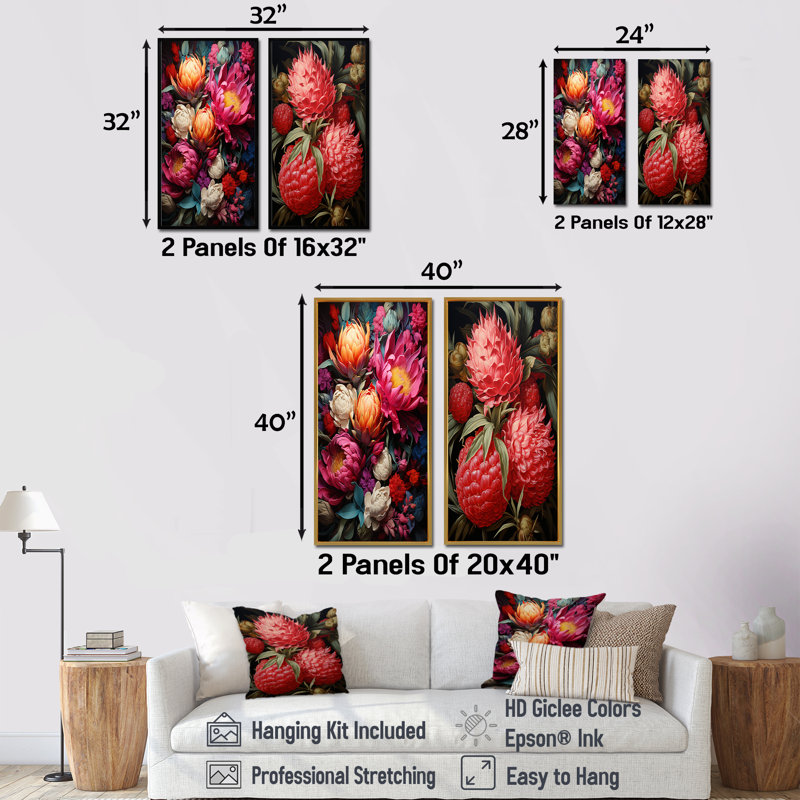 Rustic Ruby Flower Impression I - Fleurs, ensemble de 2 décorations murales, H 28 po x l 25 po, Toile tendue