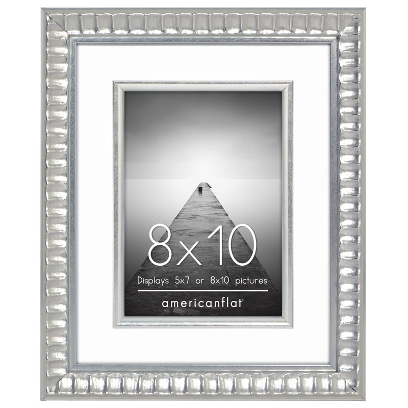 Cadre photo argenté avec passe-partout décoratif - verre incassable et support à chevalet, L 8 po x H 10 po