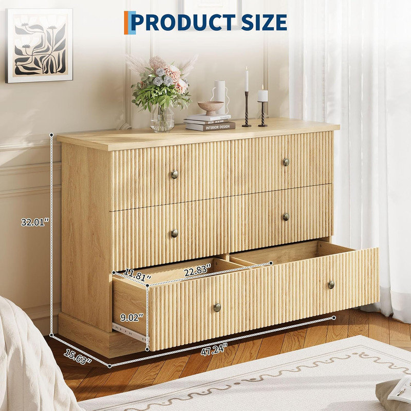 Commode horizontale en bois cannelée à 6 tiroirs, commode compacte pour le rangement de vêtements de chambre à coucher et de petits espaces