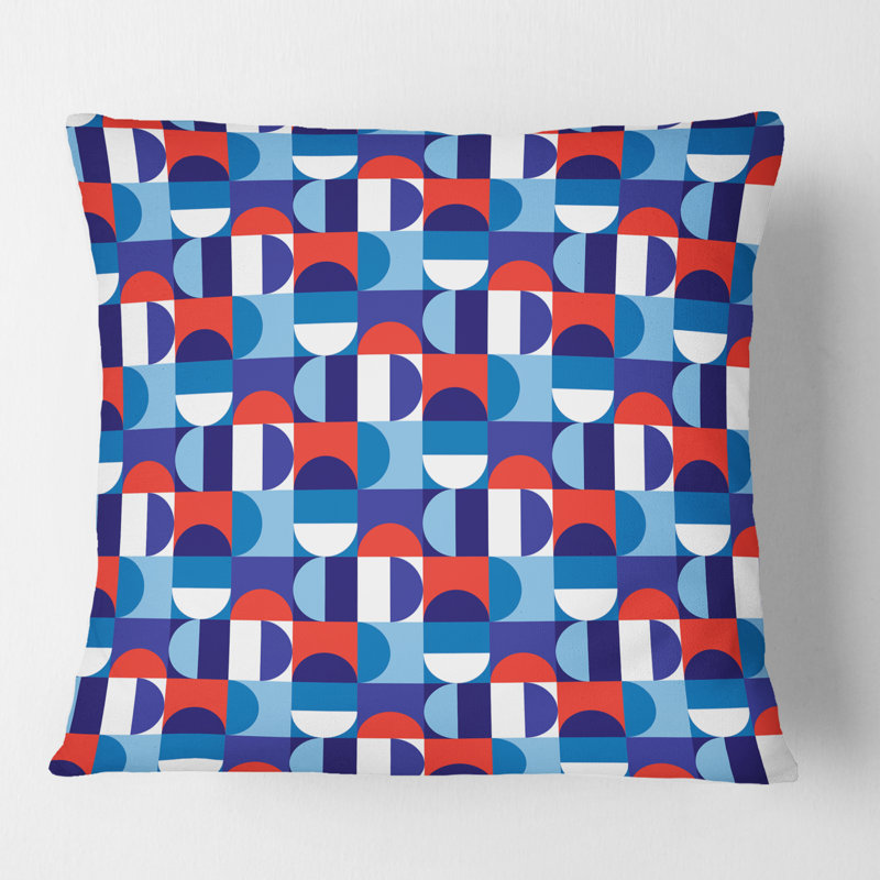 Coussin décoratif bleu, rouge et blanc à pois Mid-Century, 18 po x 18 po
