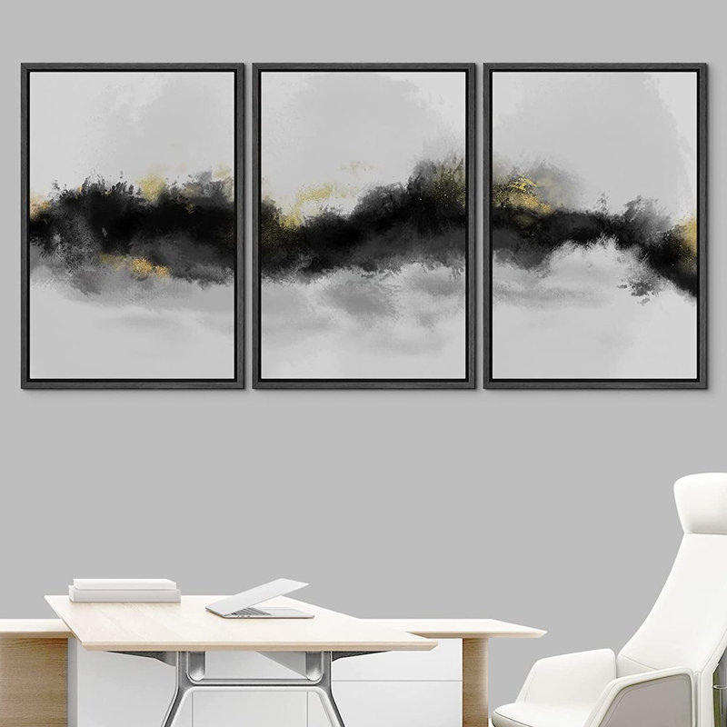 «Smoke Effect Strokes Abstract», peinture sur toile 3 pièces, Noir, L 48 po x H 24 po