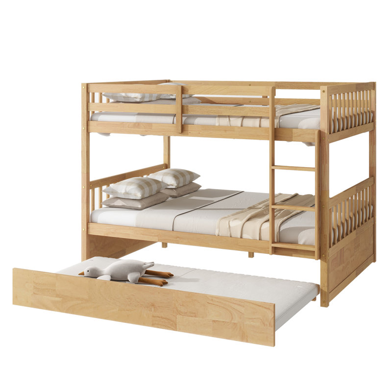 Full Over Full Rubber Wood Convertible Bunk Bed with Twin Trundle, Ladder & Guardrails, White Oak