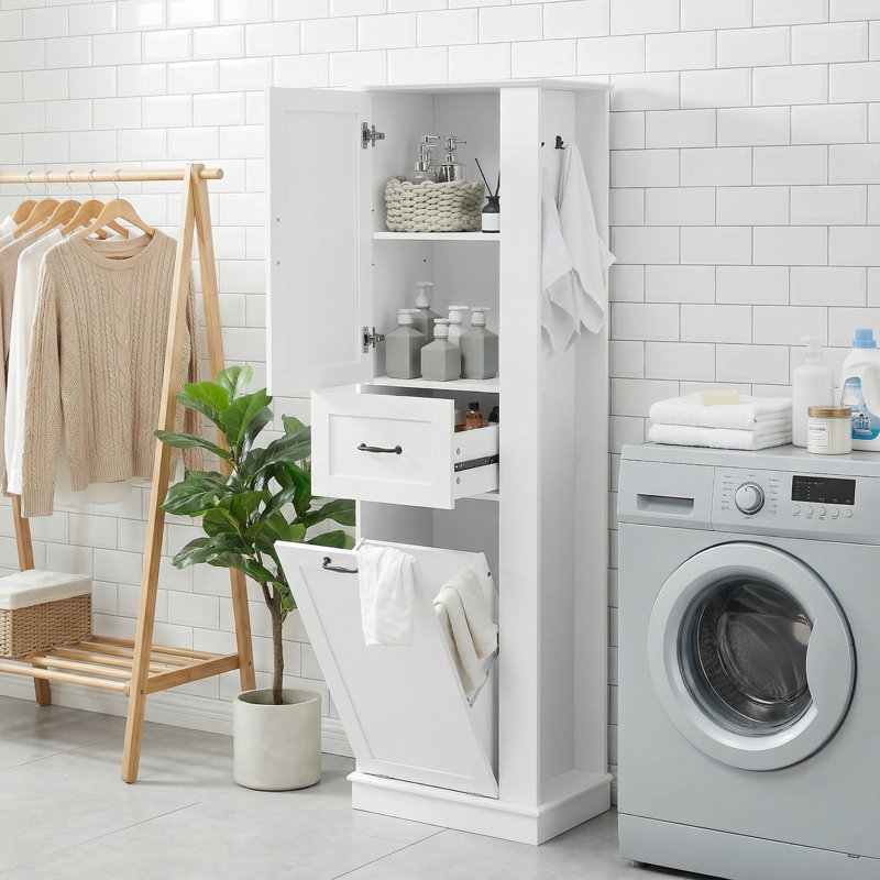 67.8" Tall Tilt-out  Laundry Storage Cabinet  With Drawer And Shelf, White