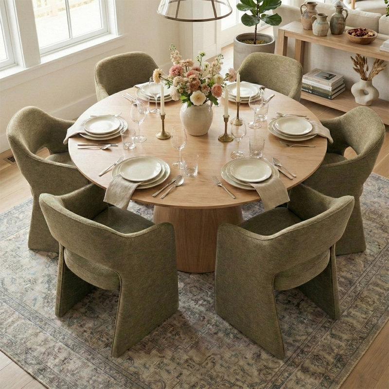 6 - Person Dining Table Sets With Round Table & 6 Upholstered Waterproof Chairs, Yellow, Olive Green
