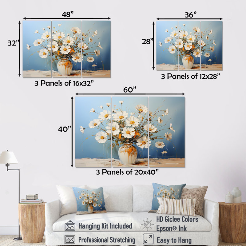 «White Daisy Efflorescence Bouquet Serenity III - Daisies», ensemble d'art mural, H 28 po x l 36 po x P 1 po, Toile tendue