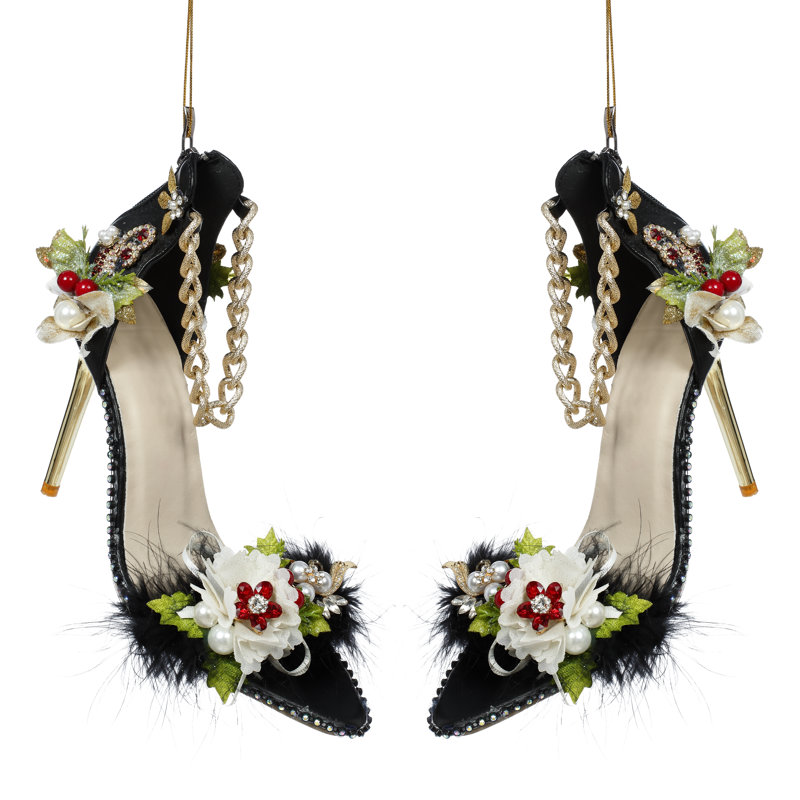 Black Shoe With Gold Chain  Ornament - 4 X 8.5 Inches Set Of 2