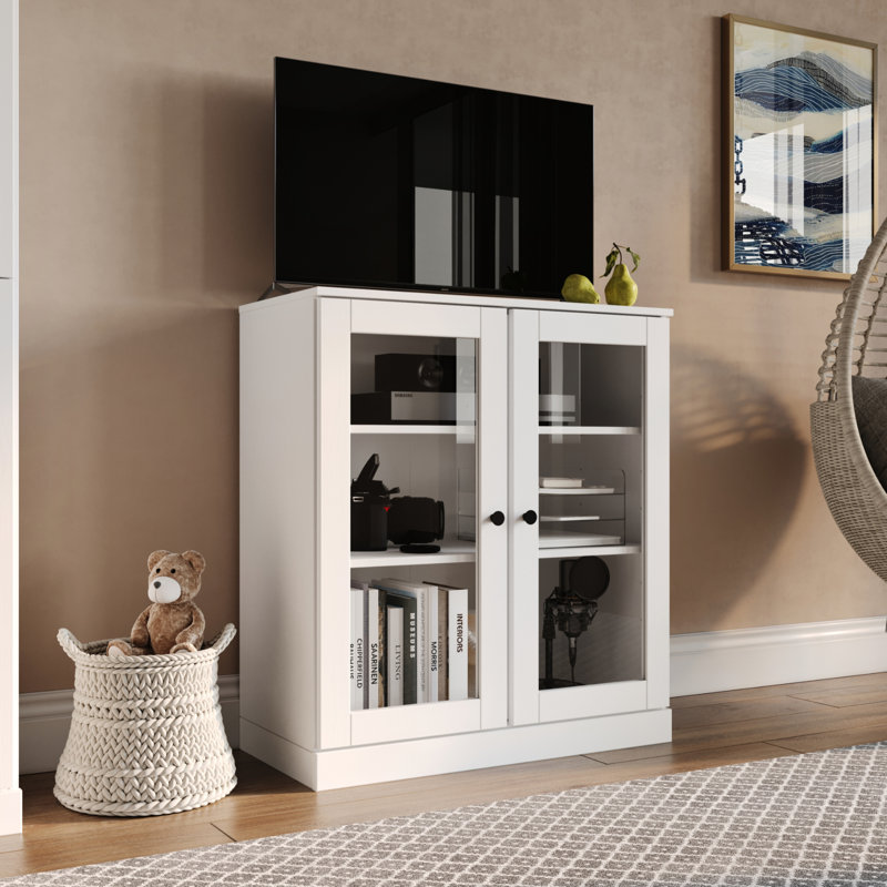 Meuble télé 100% bois massif, console de 32 po de largeur avec portes en verre et rangement, Blanc