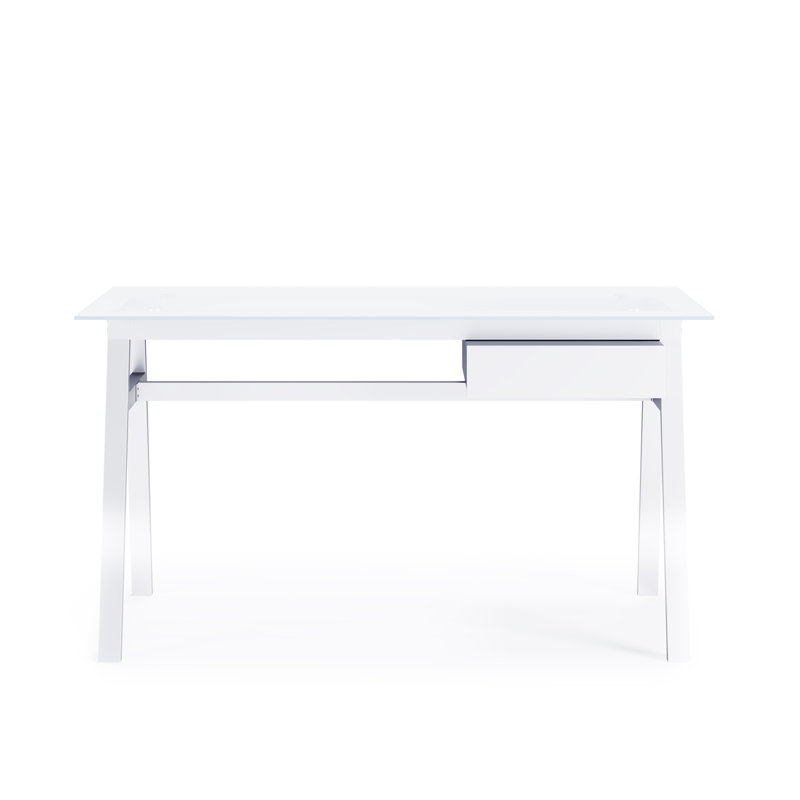 Birl Glass Top Metal Base Writing Desk, White