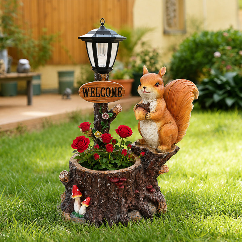 Mignon pot de fleurs avec lanterne décorative - écureuil en polyrésine avec lampe à huile pour patio