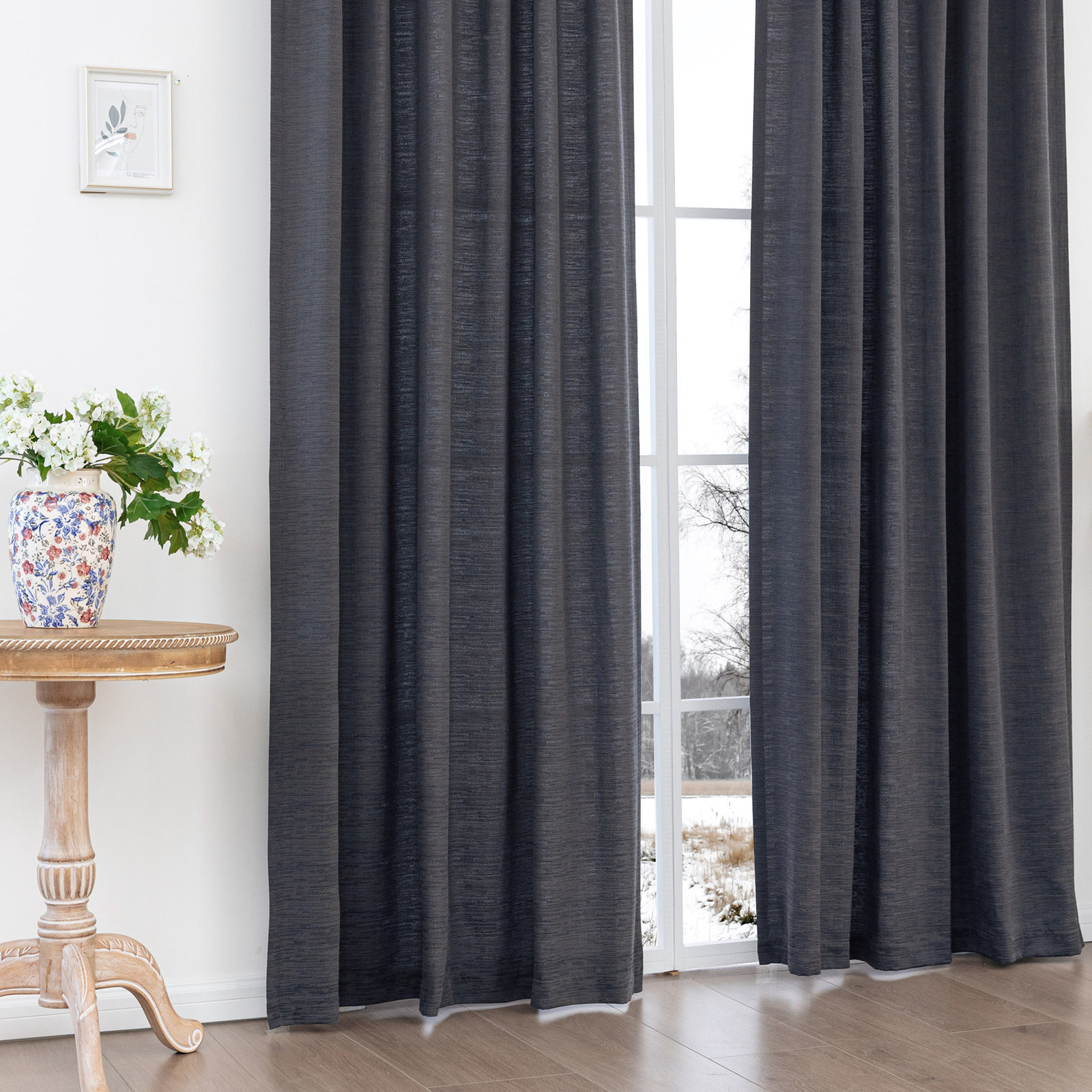 Wulfram Semi-Sheer Cotton Blend Curtain Set, 52" W x 84" L, Dark Gray