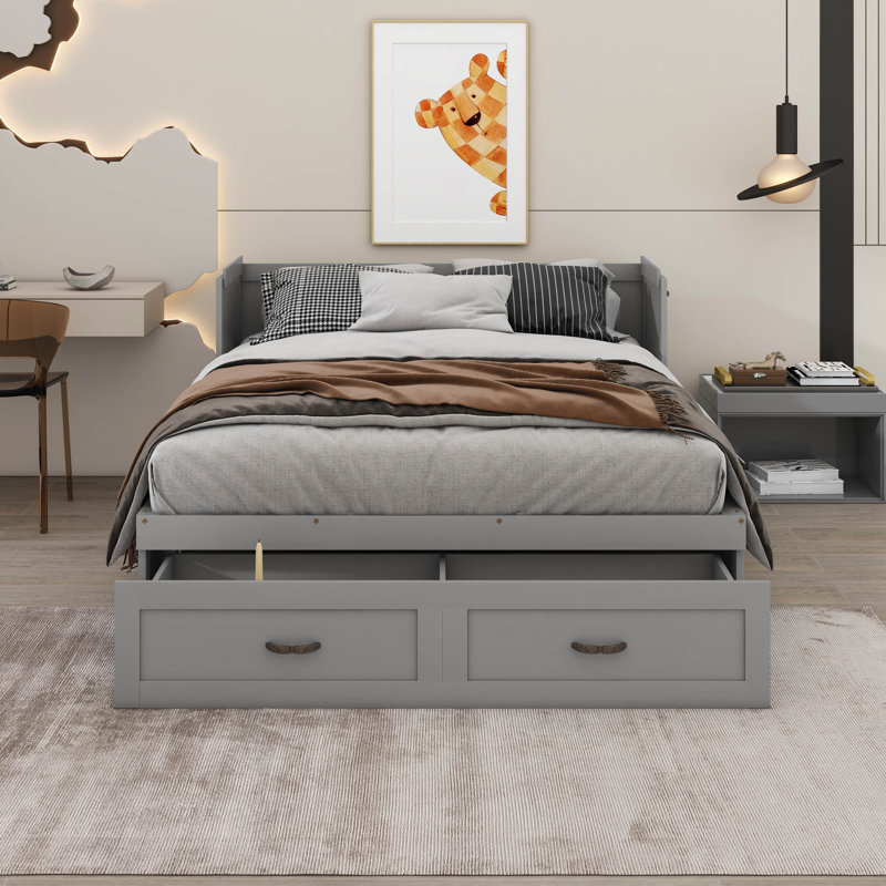 Lit escamotable double avec ports USB, grands tiroirs et poignées en métal, gris