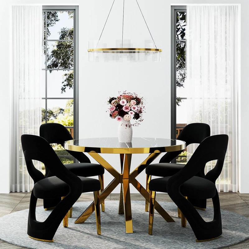 Luxury Modern Black Velvet Dining Room Chairs With Polished Gold Stainless Steel Legs Set Of 2