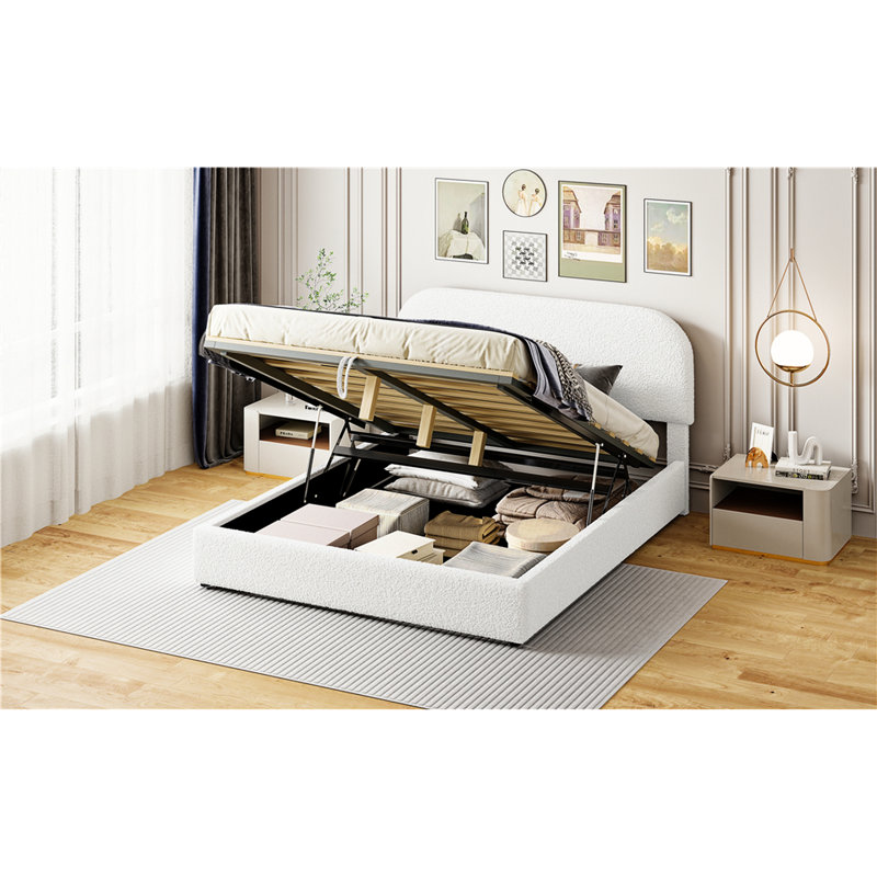 Queen Size Bed With Soft Fleece And Hydraulic Storage - White Platform For, Queen
