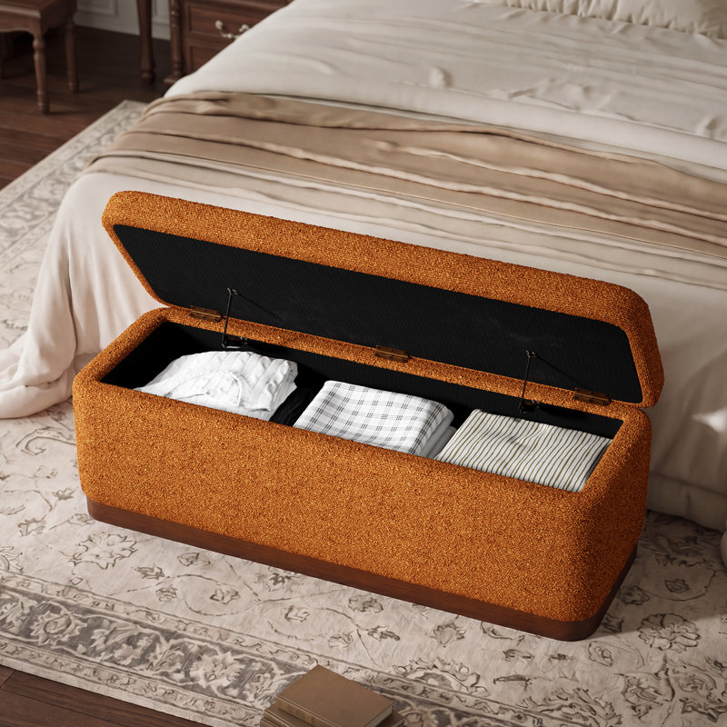 Modern 46" Bouclé Upholstered Storage Bench with Solid Wood Base & Hidden Compartment, ORANGE