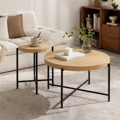 Ensemble de 2 tables basses et tables de bout - Panneau de fibres à densité moyenne imperméable avec revêtement en PVC, conception cylindrique vieillie, pieds en métal noir - charme rustique classique, bois technique