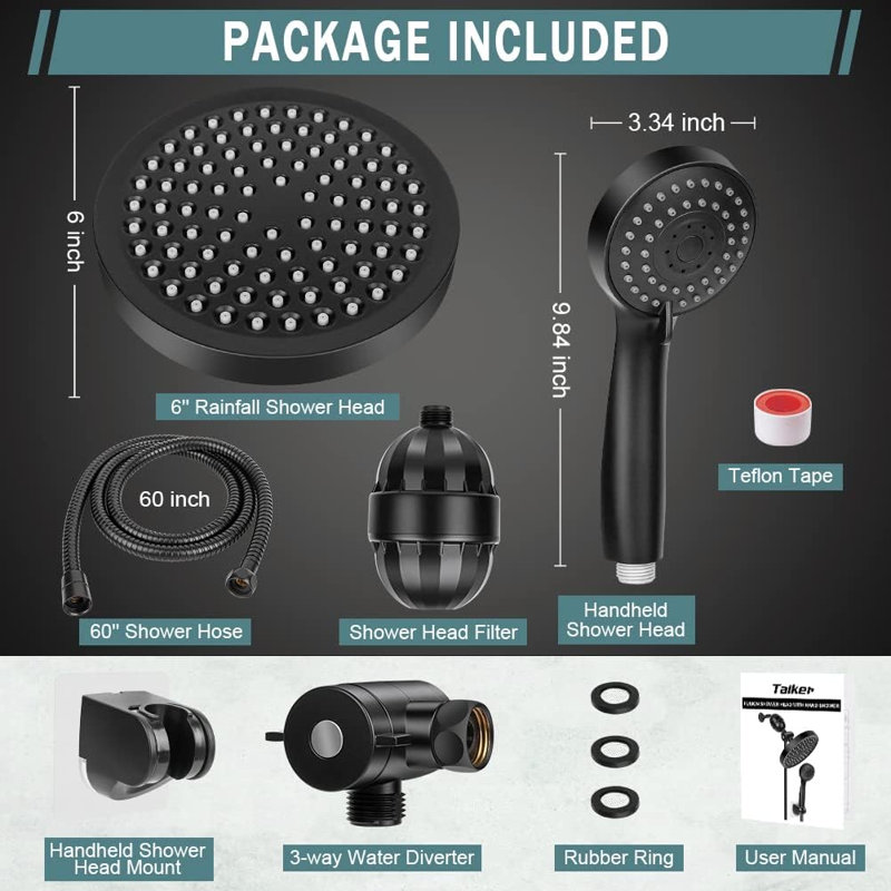 6-Setting High-Pressure Handheld Shower Head With Wall & Overhead Brackets - 2.5 GPM, Black