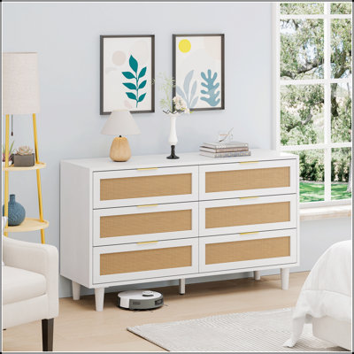 Élégante armoire de rangement en rotin à 6 tiroirs pour la chambre à coucher et le salon, blanche, parfaite pour les espaces organisés et esthétiques