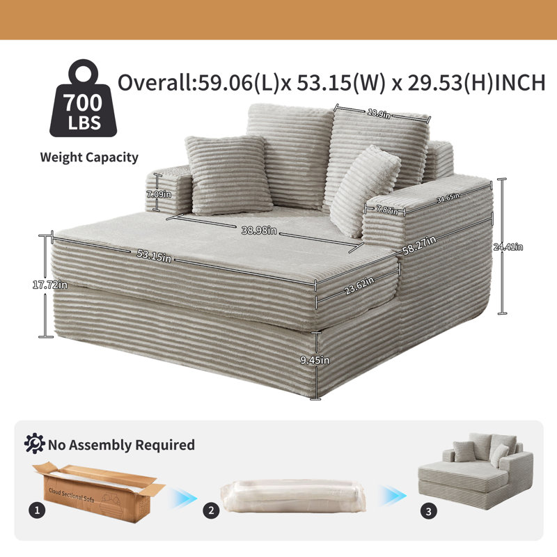 Méridienne 59 po x 53 po d'intérieur - Très grand canapé-lit rembourré en velours côtelé confortable avec 4 coussins et accoudoirs, canapé de lecture à assise profonde, aucun assemblage requis