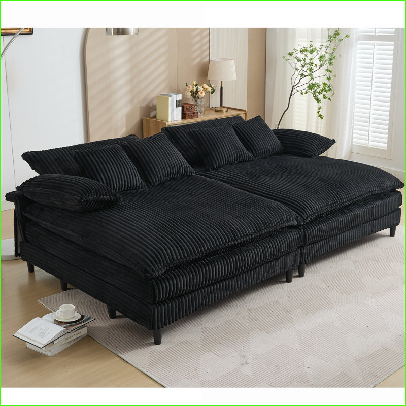 Chaise longue double surdimensionnée de 109 po | Canapé-lit en velours côtelé avec 4 engrenages réglables et 4 coussins | Noir | Cadre en bois massif