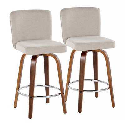 Henry 26" Contemporary Fixed-Height Counter Stool With Swivel In Walnut Wood And Beige Fabric With Round Chrome Footrest By Lumisource - Set Of 2
