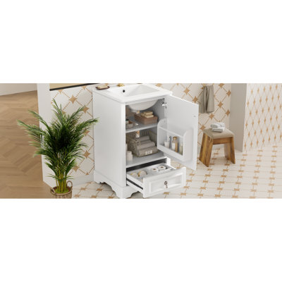 Meuble-lavabo de 20 po pour l'organisation, lavabo en céramique, porte à fermeture en douceur, tablette réglable et petites salles de bain organisées de 20 po, mécanisme, armoire