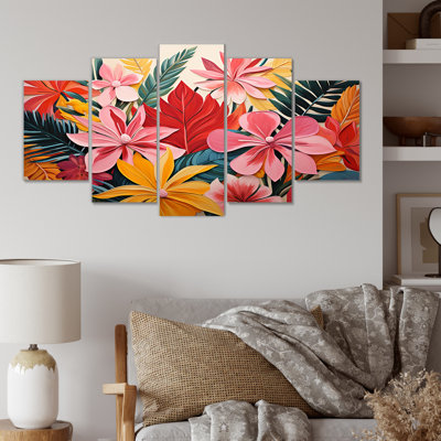  «Pink Floral Tropical Jungle Pattern II - Flowers Multipanel Wall Art Canvas