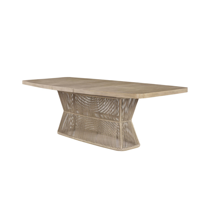 Table de salle à manger de conception transitionnelle, beige, rallonge de 18 po à 98 po, base en corde, bois massif +, table extensible en chêne plaqué avec transitionnel, beige