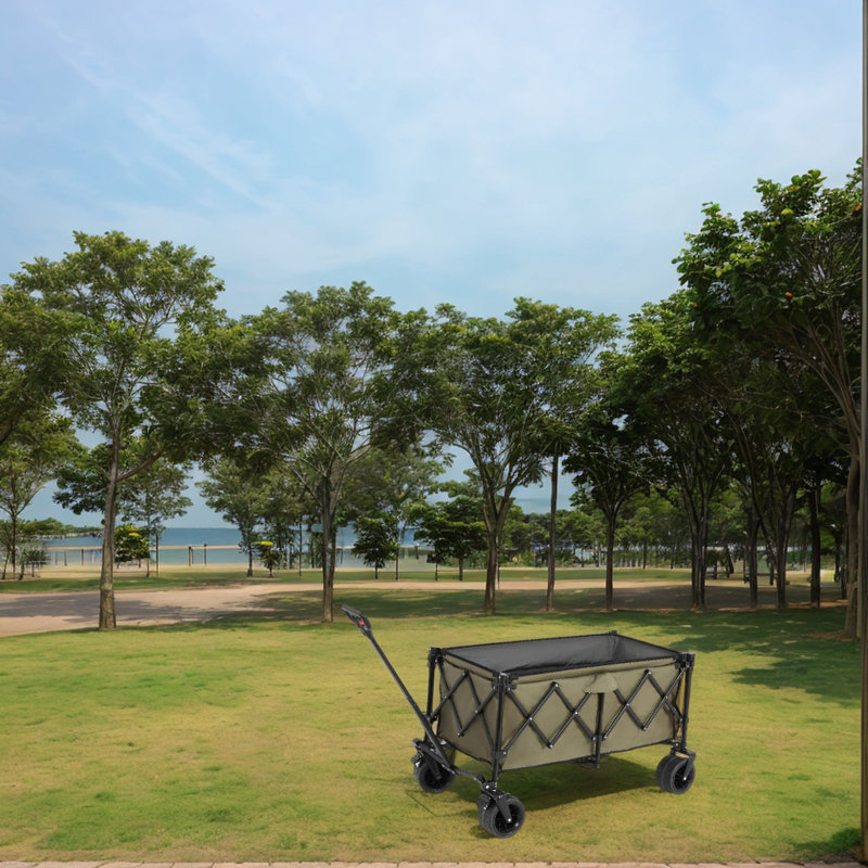 Chariot de jardin pliant en wagon avec capacité supplémentaire de 300 L et poignée à rotation automatique, Vert
