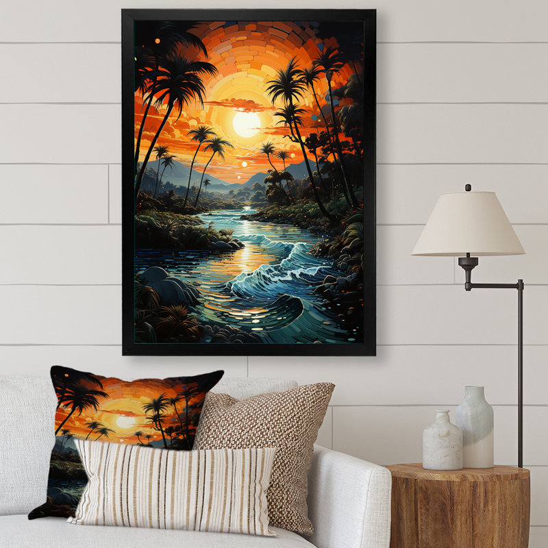 «Saudres Palm Trees Sunrise IV», reproduction sur toile, H 32 po x l 16 po x P 1 po, Cadre photo noir