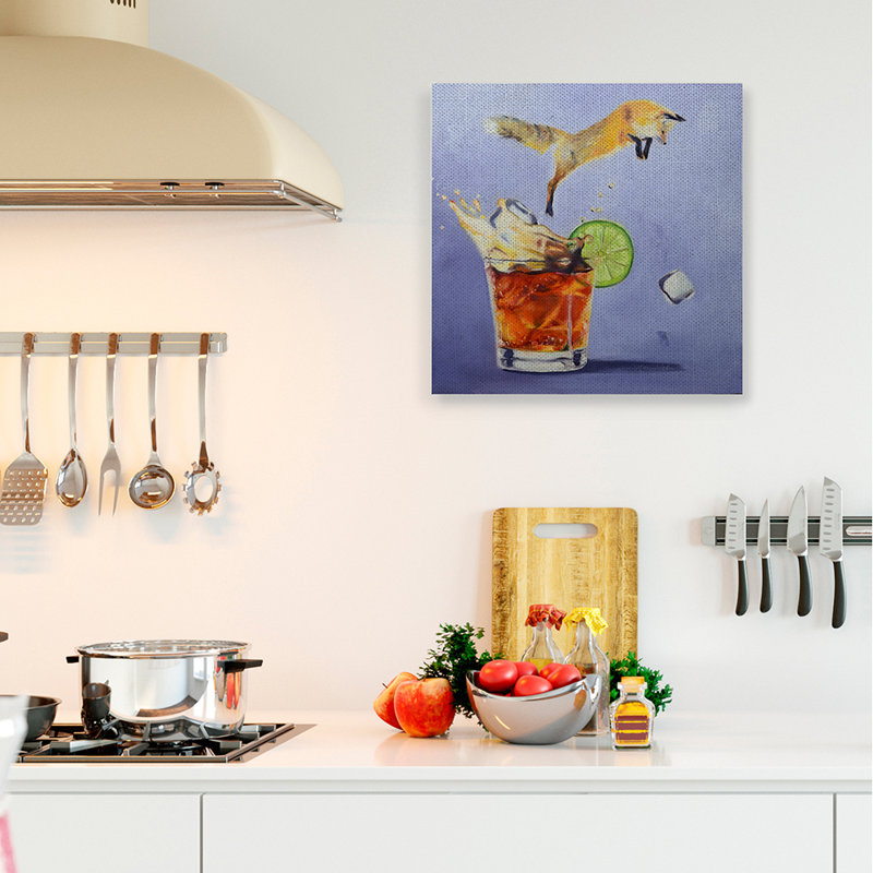 «Fox Animal Leaping Vintage Cocktail Drink», reproduction d'art graphique, Toile tendue, H 36 po x l 36 po x 1,5 po