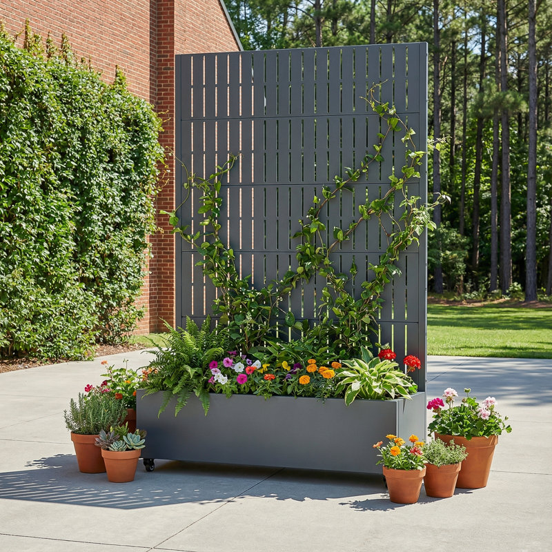 Boîte à fleurs en métal avec treillis et roues, H 72 po x l 47 po x P 16 po, Gris foncé, 1