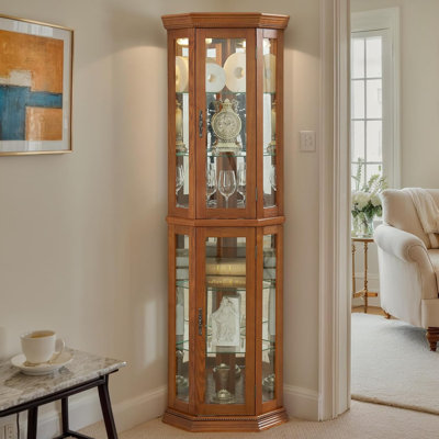 Corner Curio Cabinet with Light Bulb, Tempered Glass Doors, Floor Standing Glass Display Cage with 6 Tempered Glass Shelves, Wine Cabinet Storage Rac by Latitude Run
