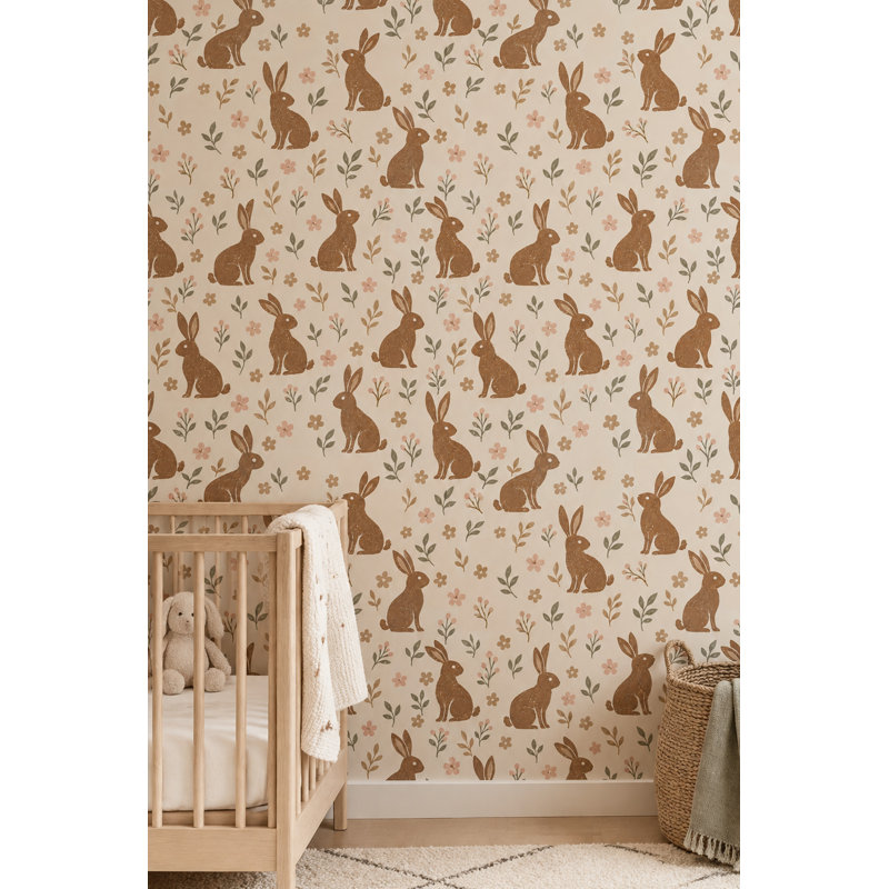 Bunny Wallpaper Vintage Floral Botanical Cream Background, Textured Non-Pasted