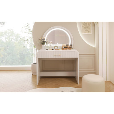 39" Makeup Vanity Table, White. With Touch Screen Lighted Mirror And Drawer. Curved Edges For Aesthetic Pleasure. Ample Storage Cosmetics. Practical. Easy Assembly
