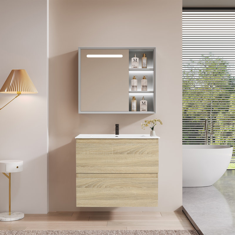 Meuble-lavabo mural simple en chêne clair 24 po avec comptoir en céramique