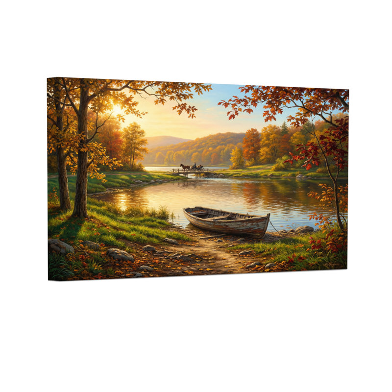 Paysage et nature Automne Lac Bateau Coucher de soleil Paysage Arbres Couleurs Nature, H 20 po x l 30 po