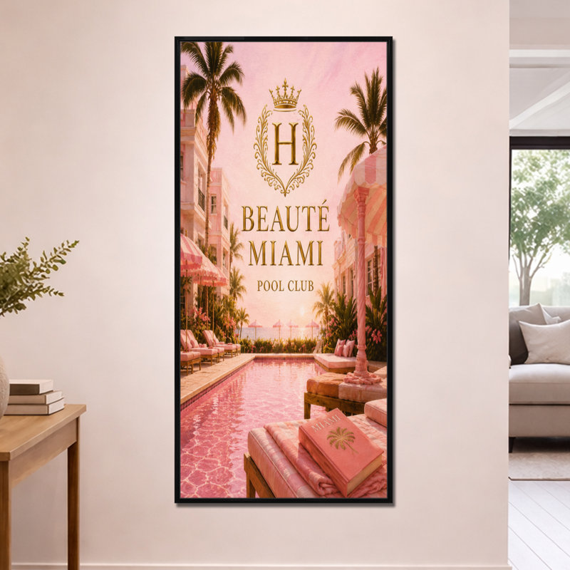 Club de piscine de Miami - Décoration murale glamour sur toile, H 60 po x l 28 po, Cadre flottant noir