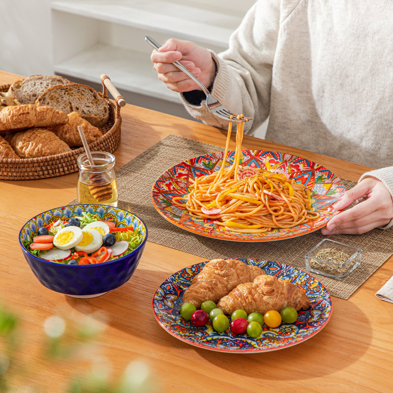Service de table 12 pièces pour 4 personnes Boho Chic, 12 impressions assorties, assiettes et bols en céramique colorée, vaisselle Mix and Match