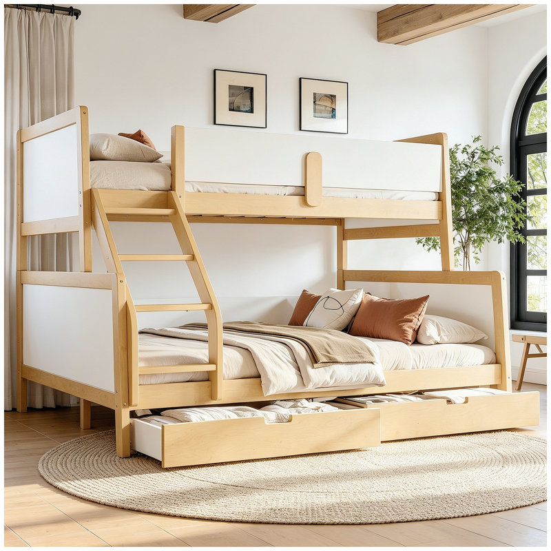 Lit simple superposé simple au-dessus d'un grand lit avec tiroirs de rangement, lit superposé en bois massif avec lattes de soutien et conception convertible, blanc et naturel