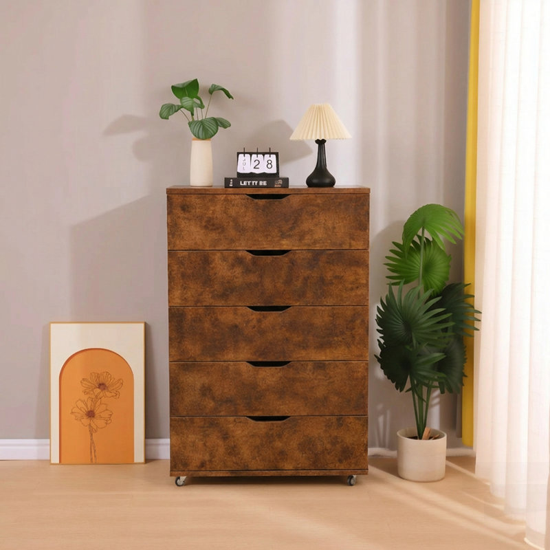 5 Drawer Rustic Rolling Dresser With Wide Drawers, Ideal For Bedroom And Closet Storage, Mobile And Space-Saving