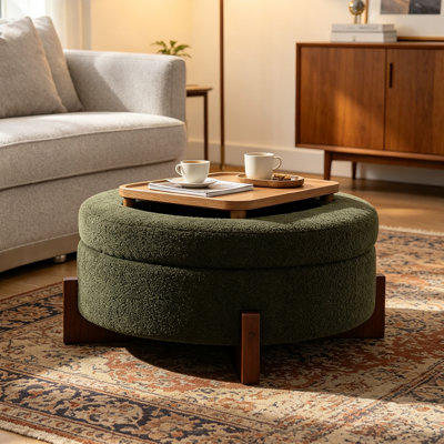 33" Round Storage Cocktail Ottoman, Teddy Fabric Upholstered Coffee Table Ottoman with Removable Wooden Tray, Large Ottoman Footstool with Hidden Storage, Pine & Plywood Frame, 300 Lbs Weight Capacity for Living Room