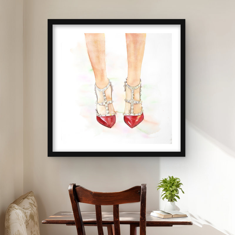 Red Studded High Heels | Beige Framed Matted Print for Decor