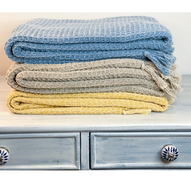 Beige Cotton Waffle Weave Lightweight Throw Blanket