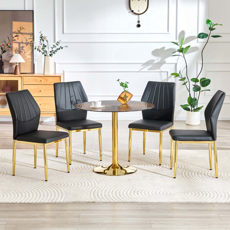 Ensemble de table et de chaises 5 pièces, table ronde en verre brun clair luxueux jumelée à 4 chaises ergonomiques en polyuréthane à dossier doré avec pieds dorés