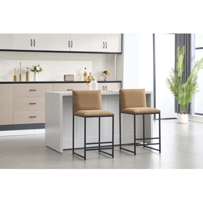 Counter Height Bar Stools Set Of 2, Upholstered Linen With Metal Footrest And Frame For Kitchen And Dining Room Comfort