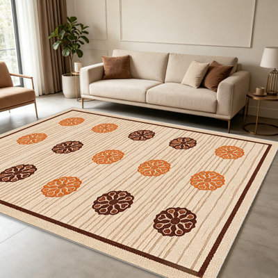 Tapis en terre cuite brun à motif médaillon pour le salon, doux et confortable, adapté à toutes les saisons, facile à entretenir, tapis de sol intérieur lavable à la machine, sous la table de ferme convenant à la chambre à coucher, à la salle à manger, au bureau, au patio, au balcon, à la maison