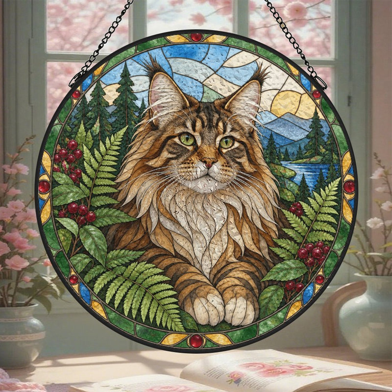 Vitrail représentant un chat Maine Coon dans un paysage forestier, panneaux de vitrail attrape-soleil pour la décoration de fenêtre